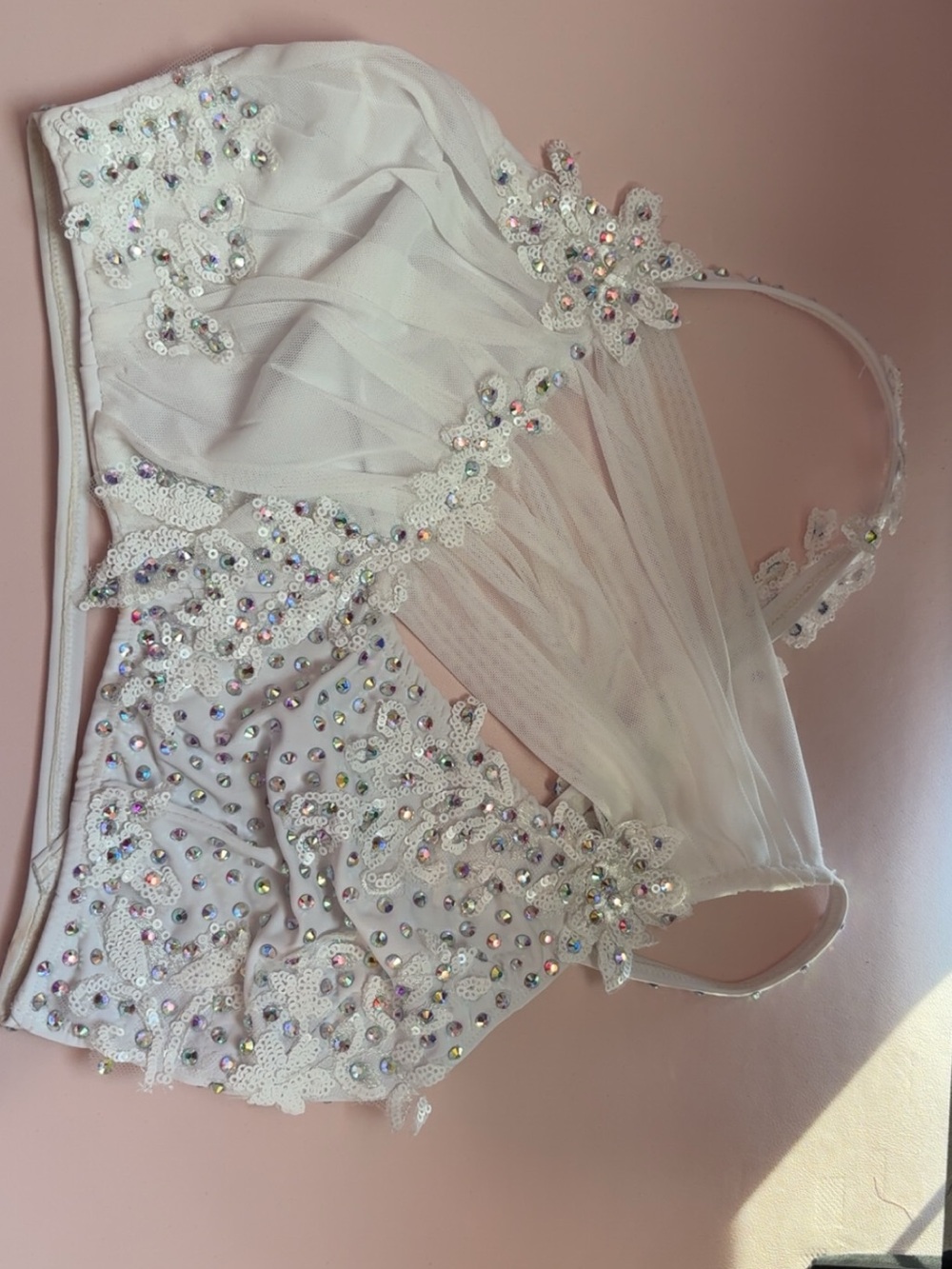 White Embellished Bridal Bralette with Sheer Tulle Panels